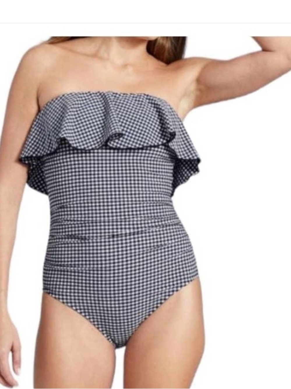 Strapless Gingham One-Piece Swimsuit bathing suit navy  & White size medium